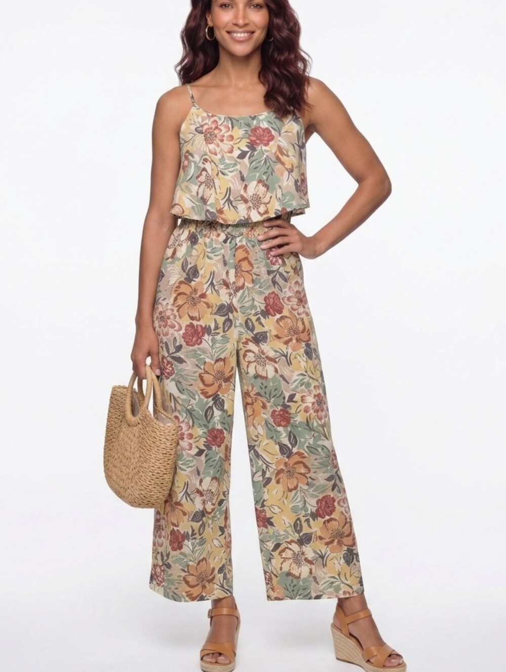 Kylie Paige Floral Wide-Leg Boho Jumpsuit Tiered Ruffle Top Size M